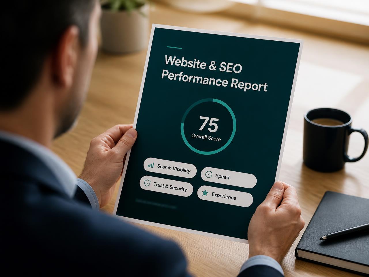 A business owner reviewing their printed website analysis report